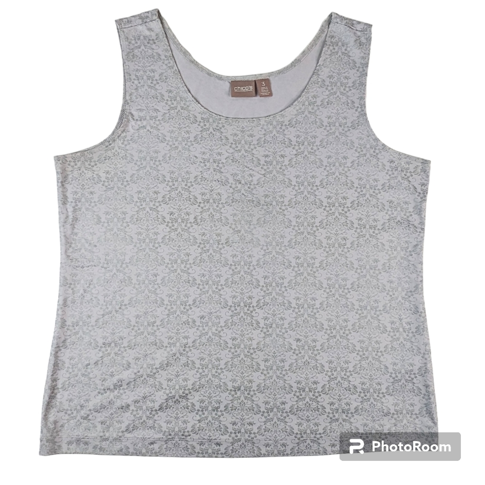 Chicos Tank Top Womens Sz 3(L)16-18 Gray W/ Silver Metallic Floral Design Shirt